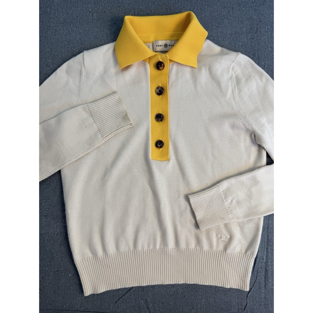 Tory Burch 100% Merino Wool Contrast Collar Long Sleeve Polo Sweater XS